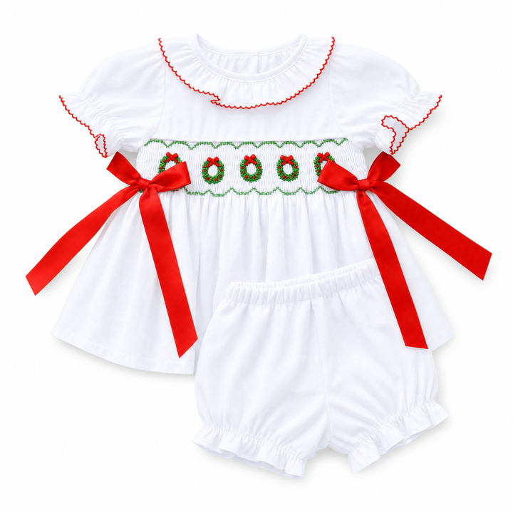 Elsie Smocked Diaper Set with Red Bows