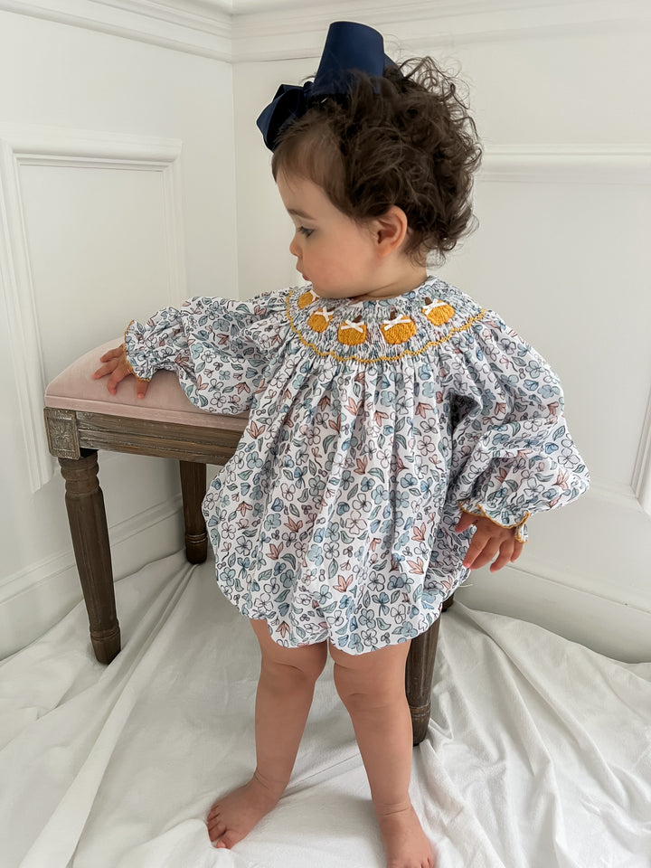 Colette Blue Floral And Pumpkin Smocked Bubble