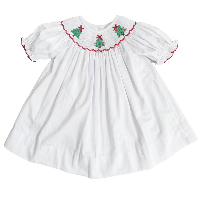 Christmas Tree White Smocked Dress