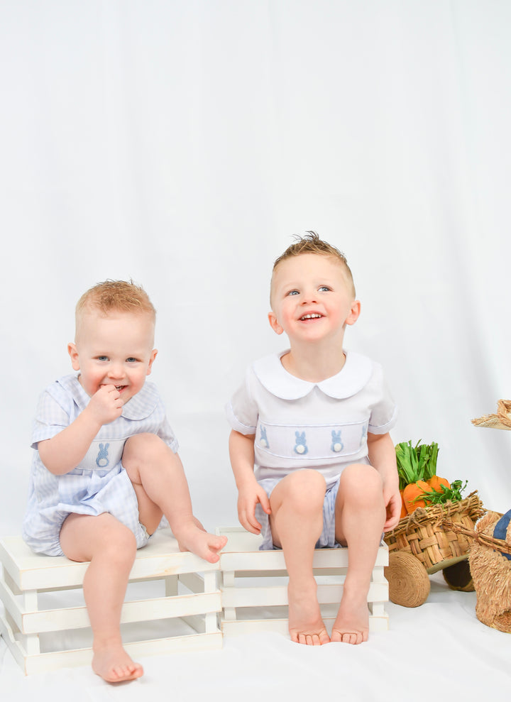 Blue Gingham Boy Bunny Smocked Short Set