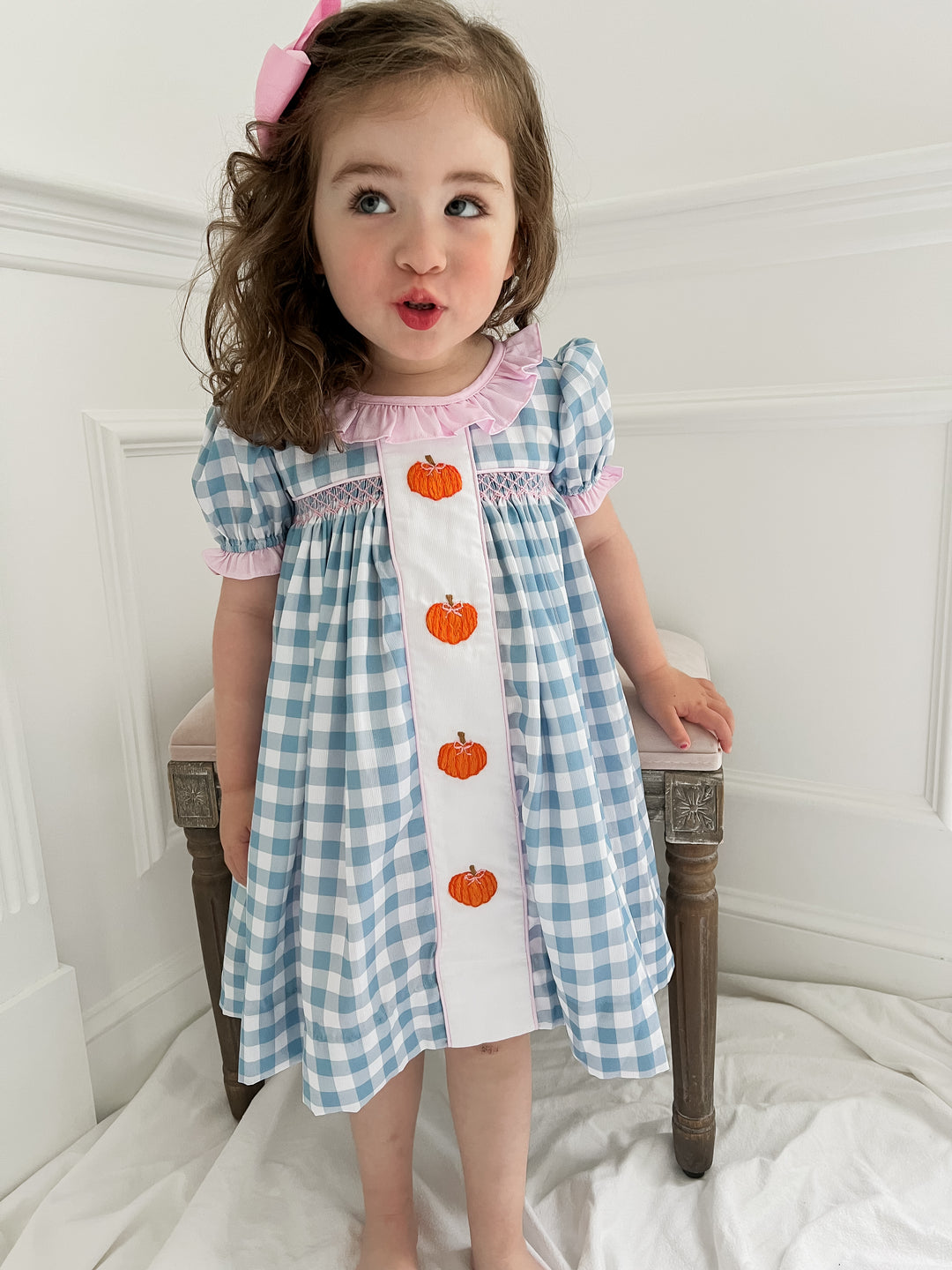 Hadley Blue Gingham Pumpkin Smocked Dress