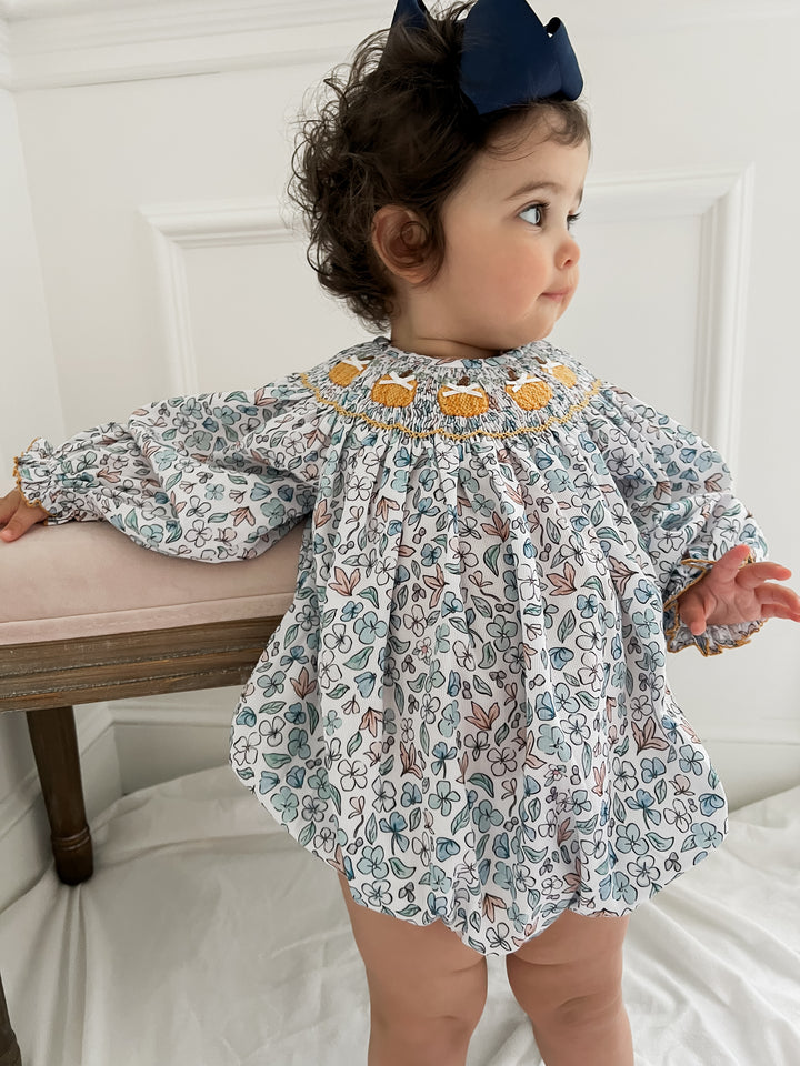 Colette Blue Floral And Pumpkin Smocked Bubble