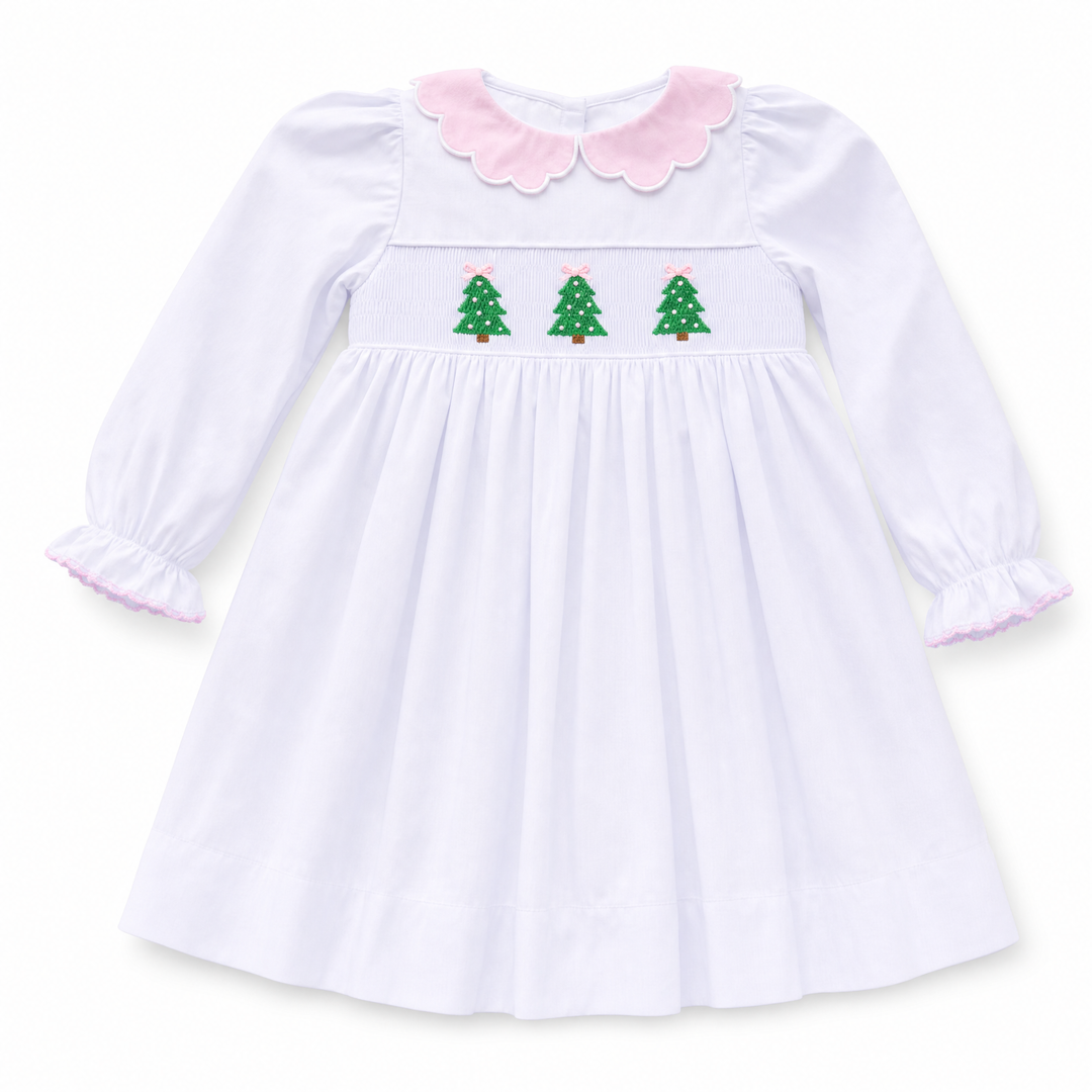 White Christmas Tree Smocked Dress