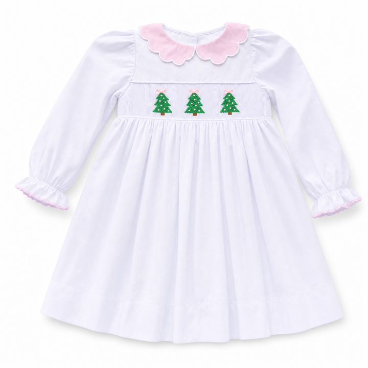 White Christmas Tree Smocked Dress
