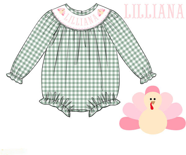 Hand Smocked Custom Name Girl Green Gingham Turkey Bubble