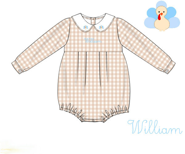 Hand Smocked Custom Name Boys Tan Gingham Turkey Bubble