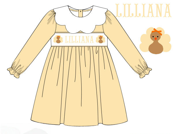 Hand Smocked Custom Name Girls Yellow Turkey Dress