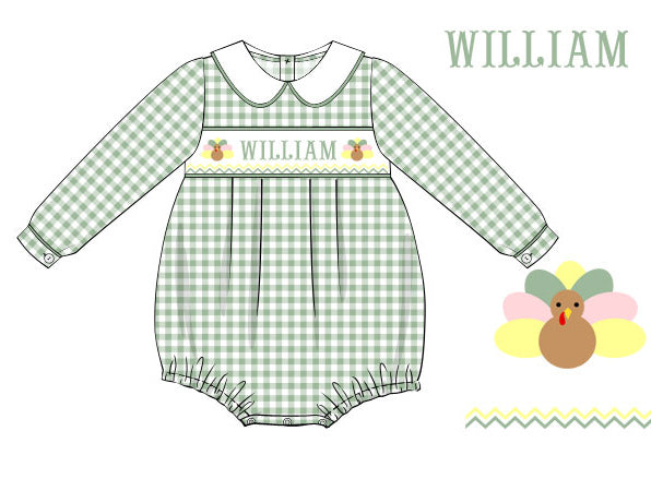 Hand Smocked Custom Name Boys Green Turkey Bubble