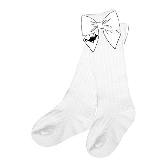 White ribbed socks with bow and black cat embroidery