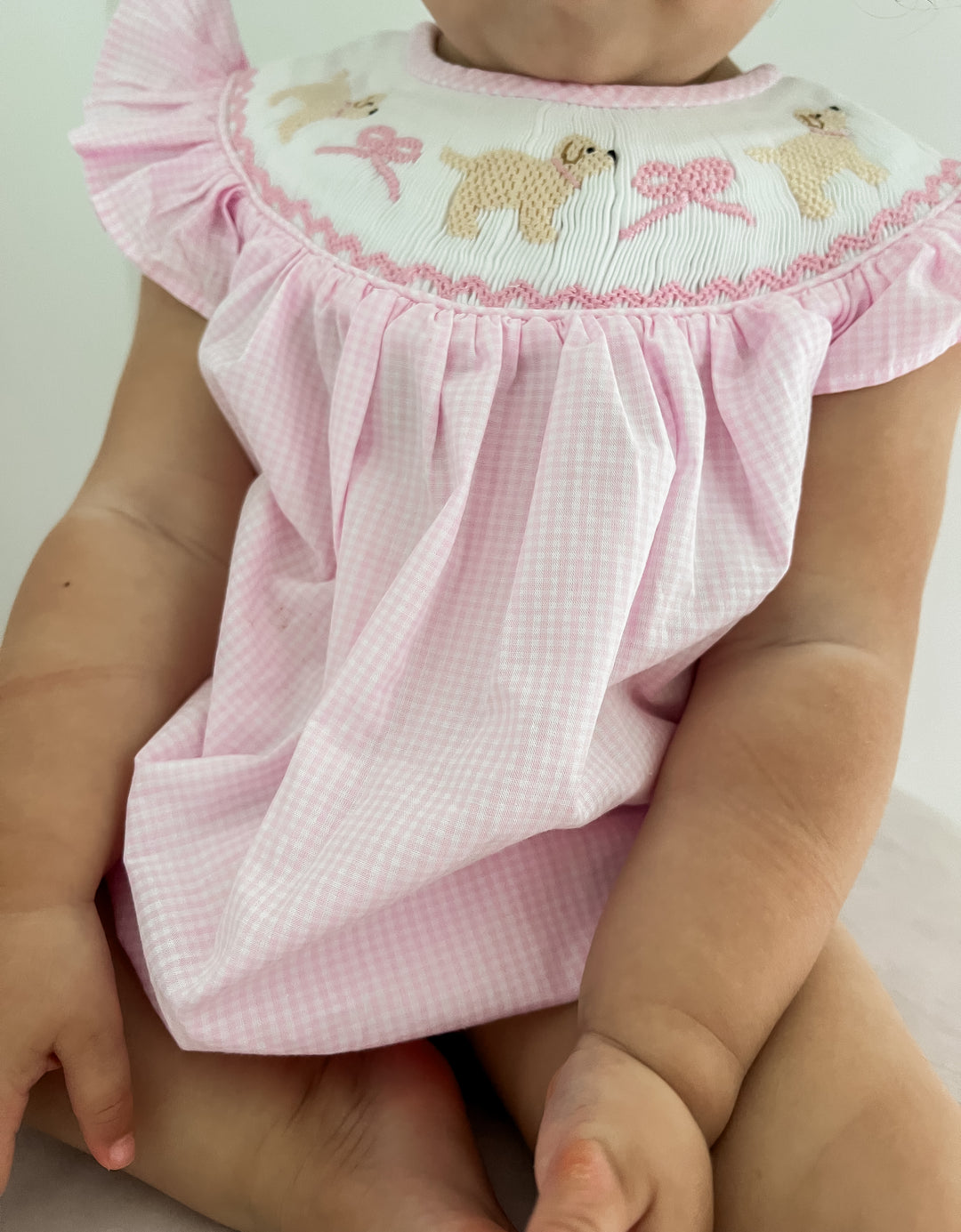 Puppy and Bows Pink Gingham Smocked Bubble