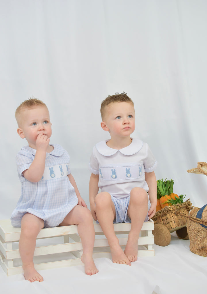 Blue Gingham Boy Bunny Smocked Short Set