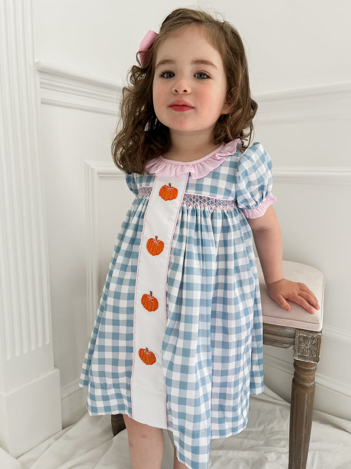 Hadley Blue Gingham Pumpkin Smocked Dress