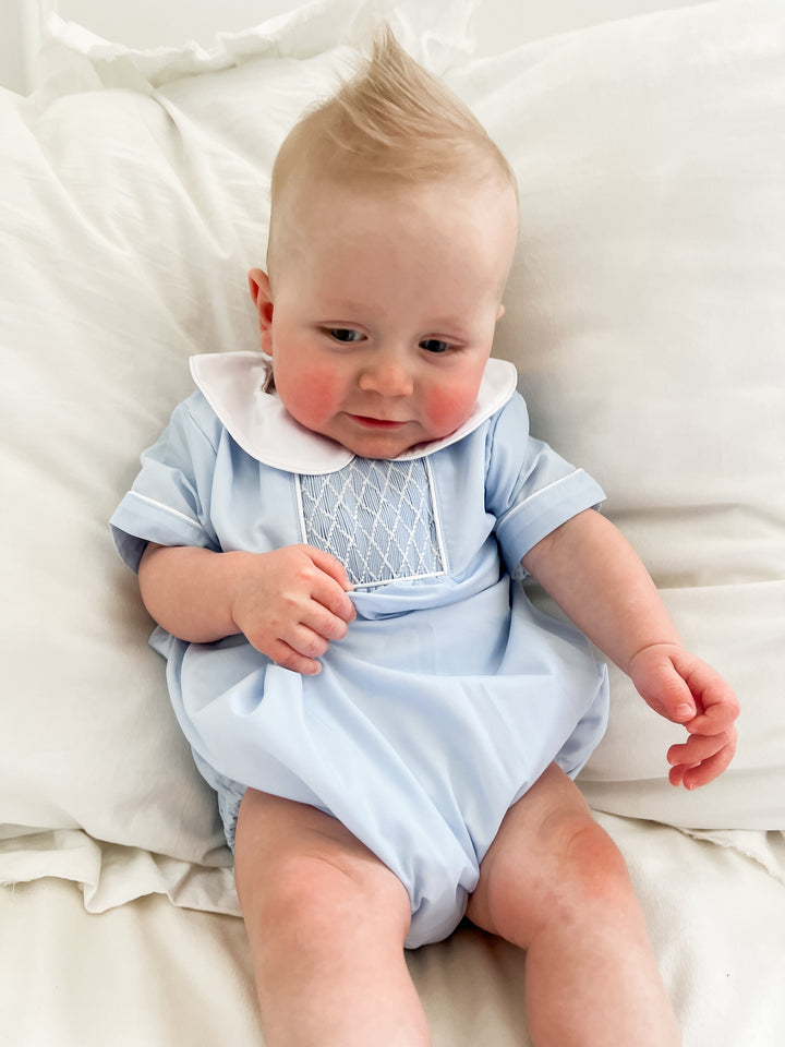 Smocked Boy Bubble with White Collar