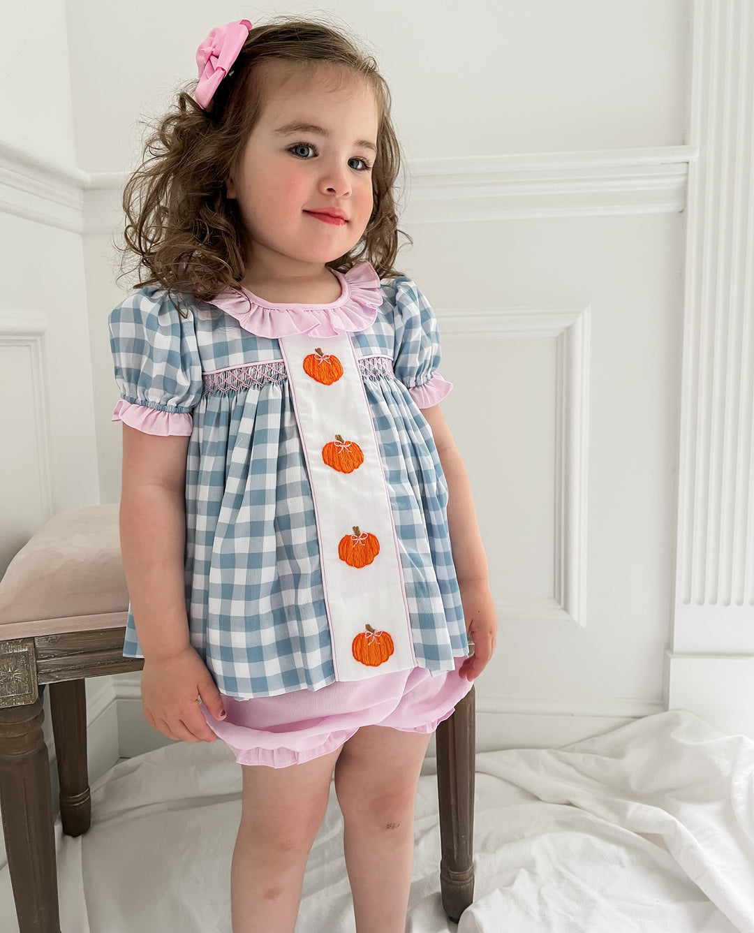 Hadley Blue Gingham Pumpkin Smocked Bloomer Set