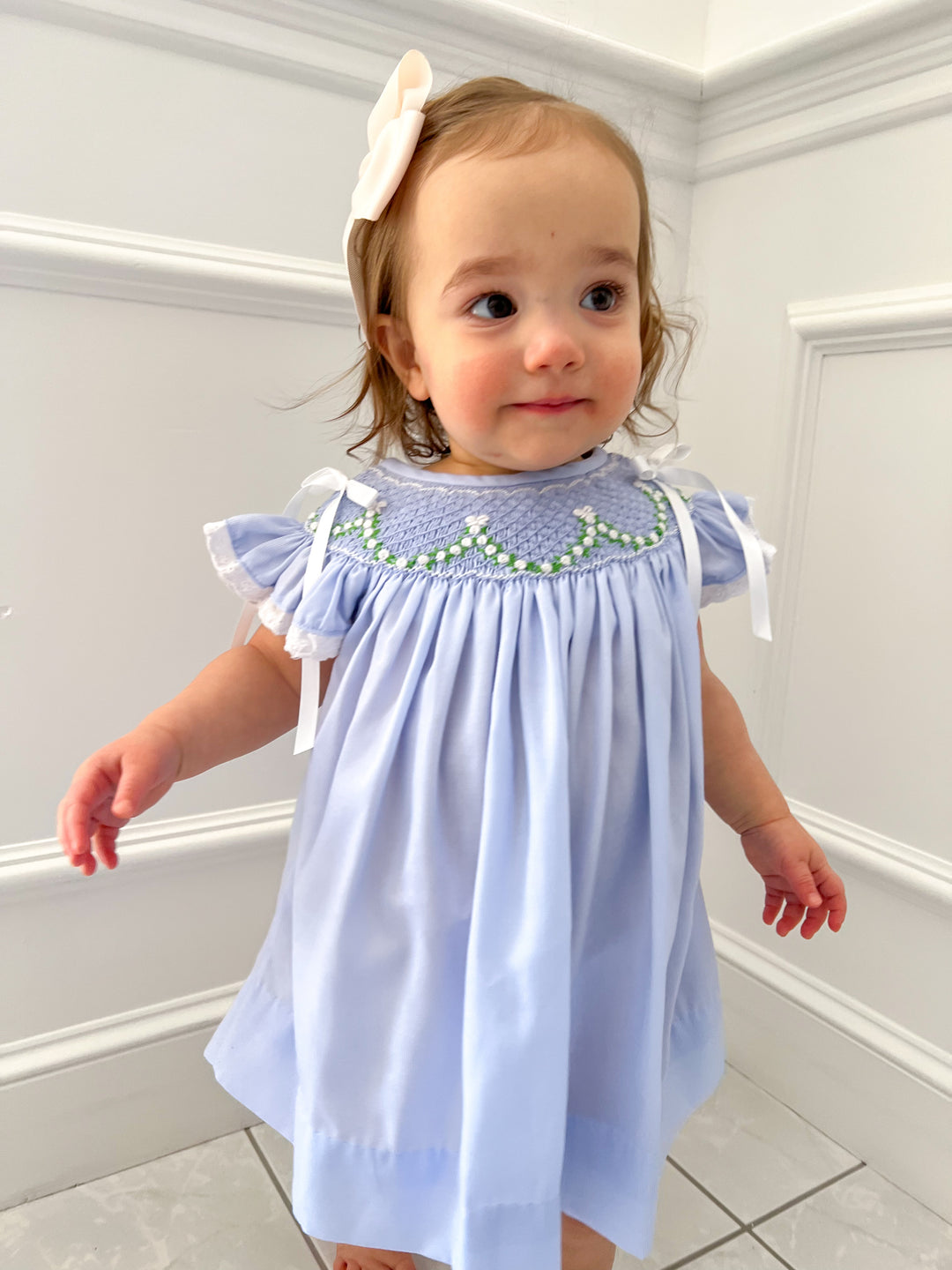 PRE-ORDER Roses & Bows Smocked Dress in Blue