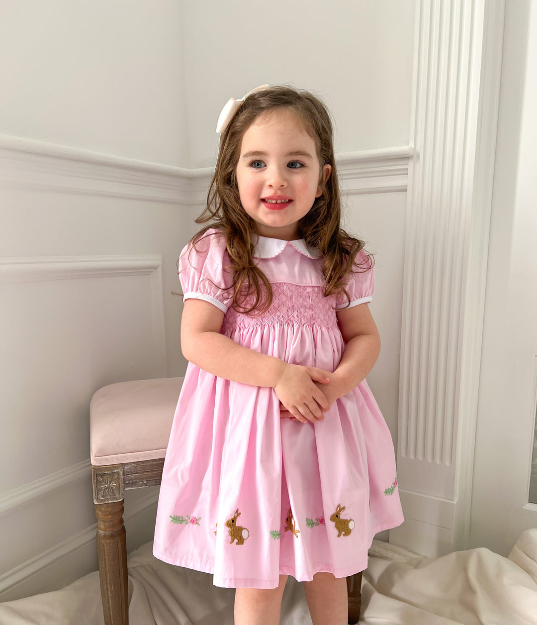 Evelyn Easter Bunny Pink Smocked Dress