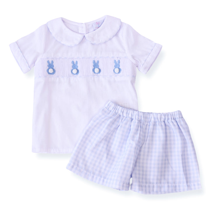 Blue Gingham Boy Bunny Smocked Short Set