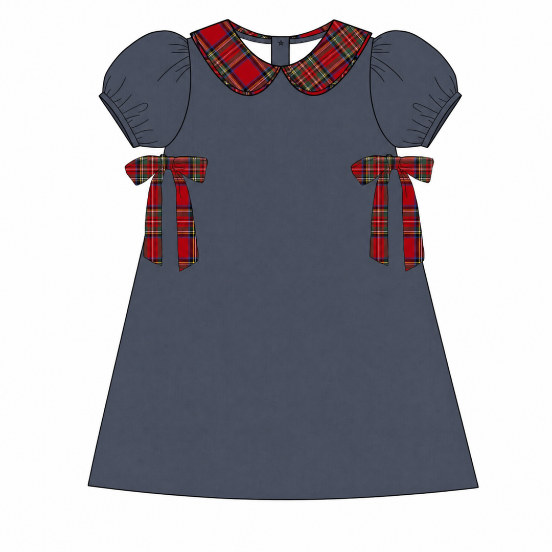 Navy Corduroy Dress with Tartan Collar