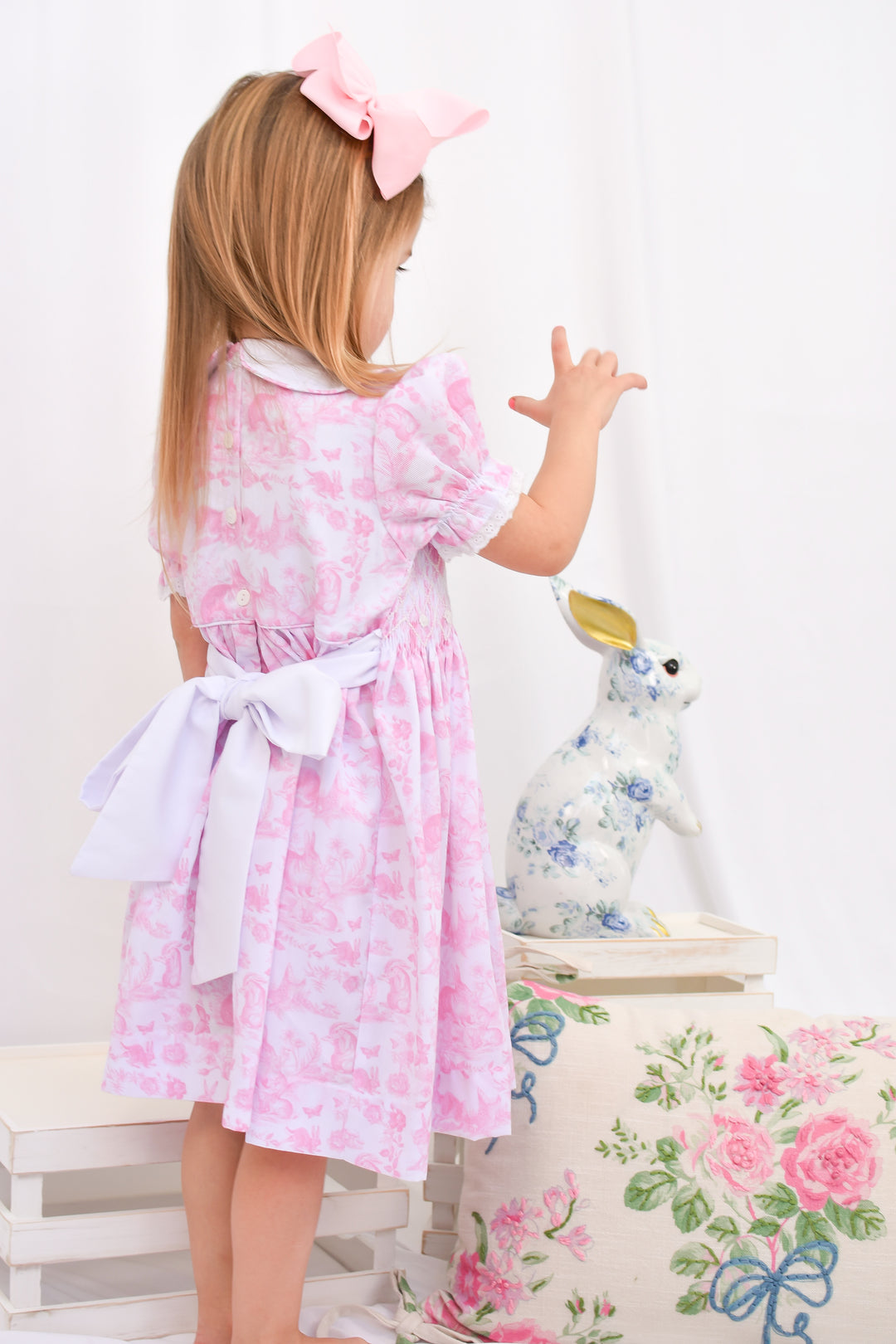 PRE-ORDER Pink Easter Bunny Toile Smocked Dress