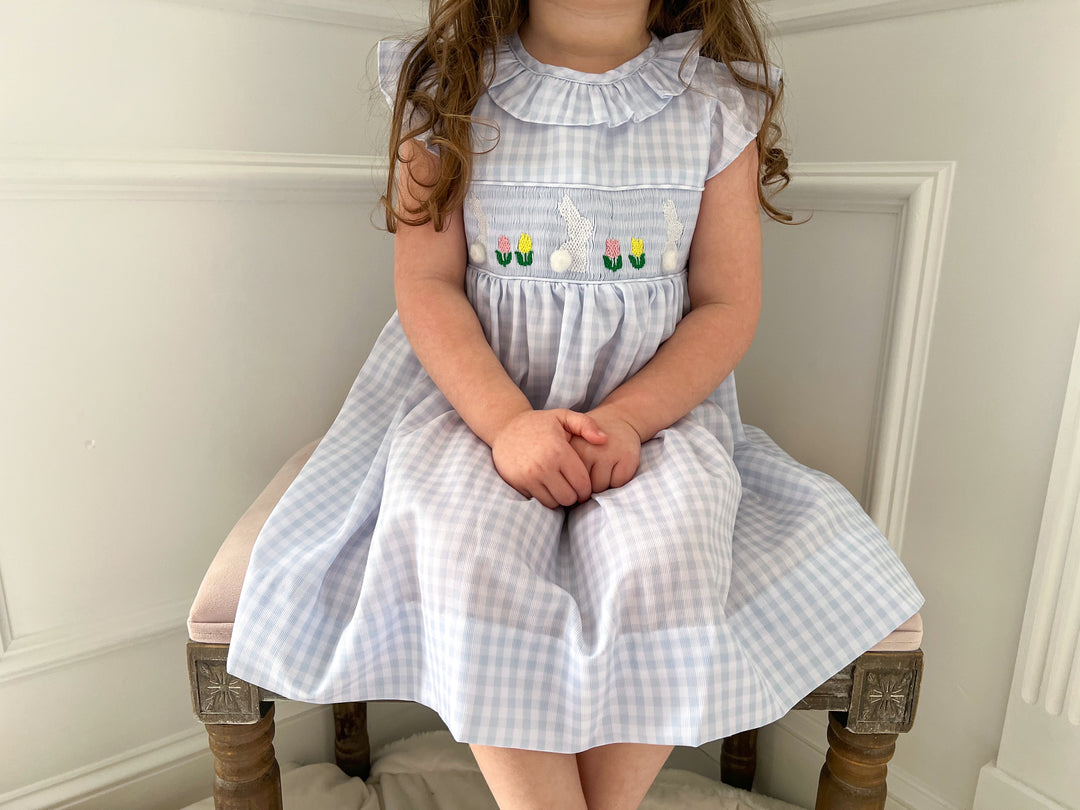 PRE-ORDER White Bunny on Blue Gingham Smocked Dress