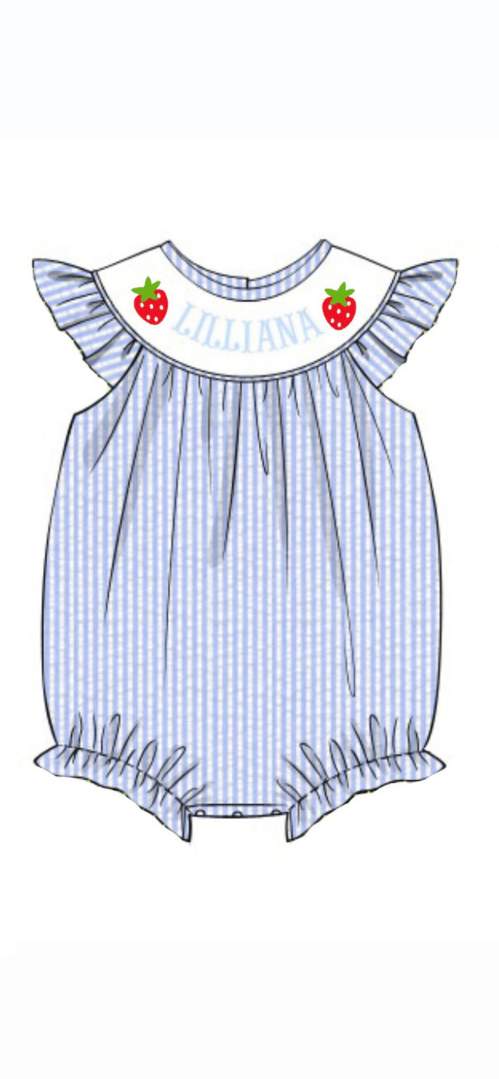 PRE-ORDER Hand Smocked Custom Name Strawberry Girl Bubble