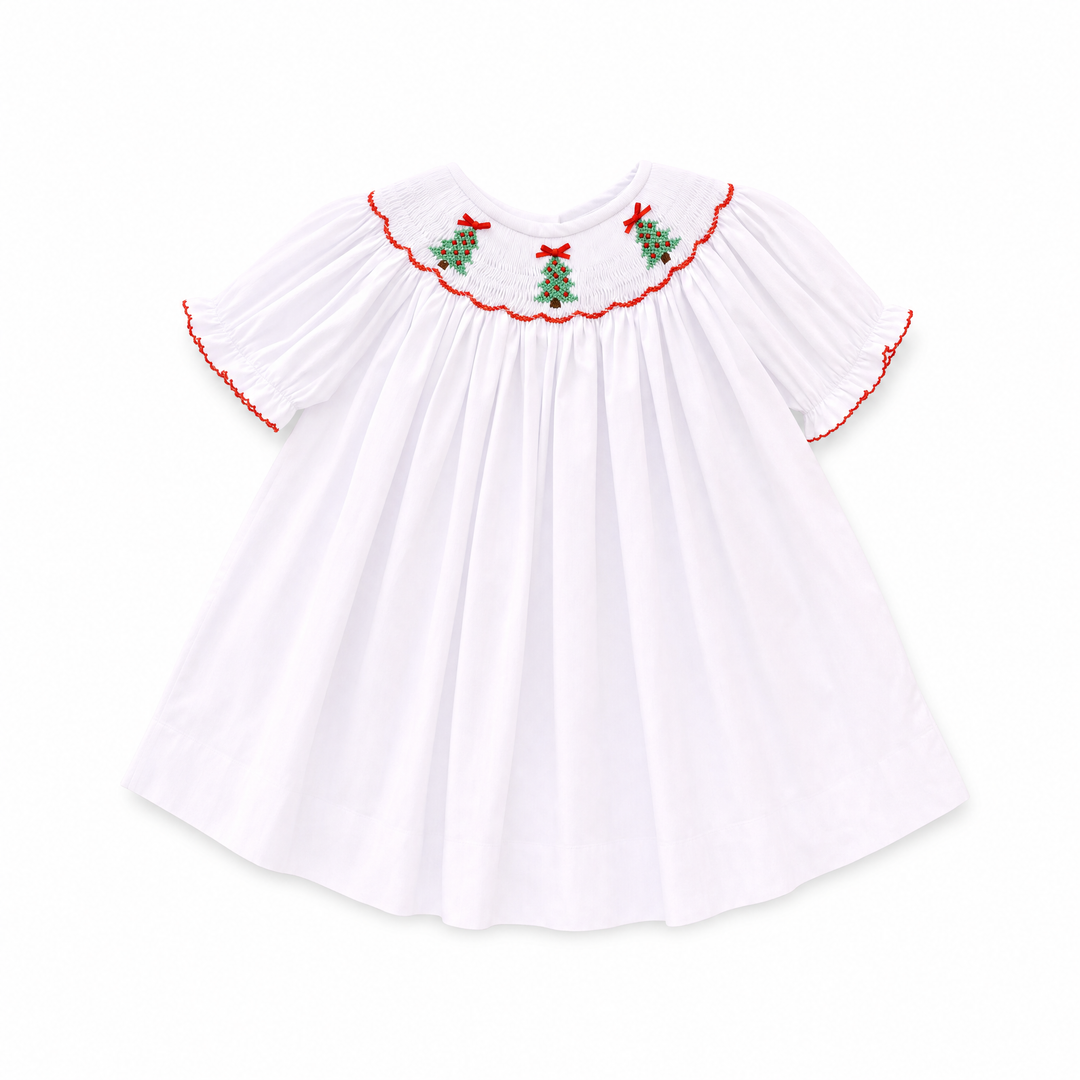 christmas dress smocked Tree White Bottom Size:40x30 52 42 Birthday Photoshoot Outfit 3T 11in
