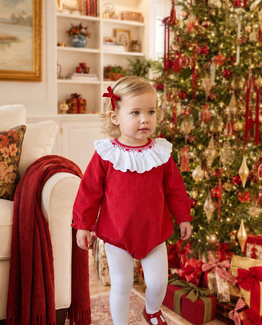 Bella Bow Corduroy Bubble in Red — model photo