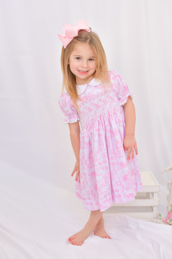 Pink Easter Bunny Toile Smocked Dress