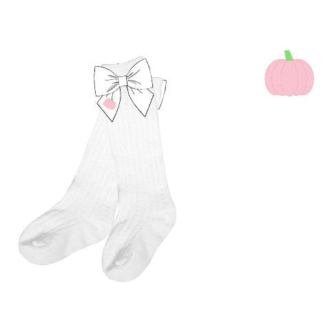 White ribbed knee socks with bow and pink pumpkin charm