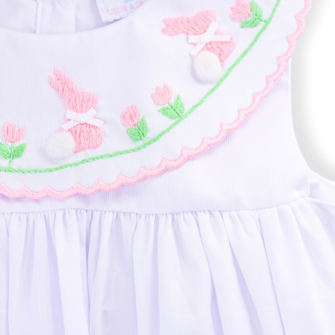 Pink Bunny on White Smocked Dress