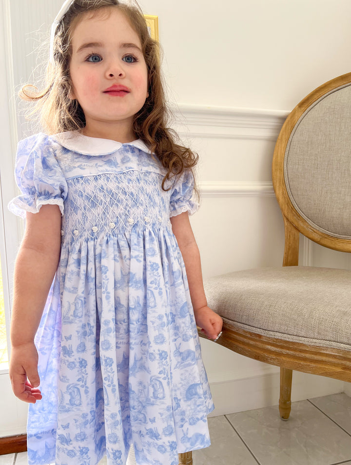 Blue Easter Bunny Toile Smocked Dress