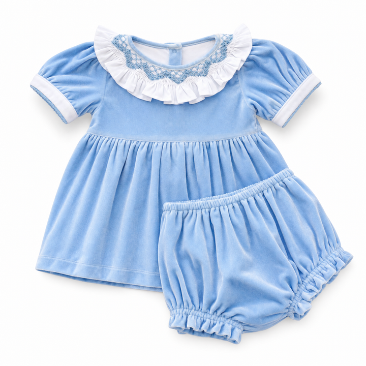 Blue Velvet Christmas Smocked Diaper Set