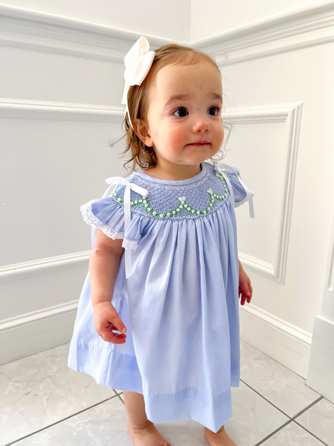 Roses & Bows Smocked Dress in Blue