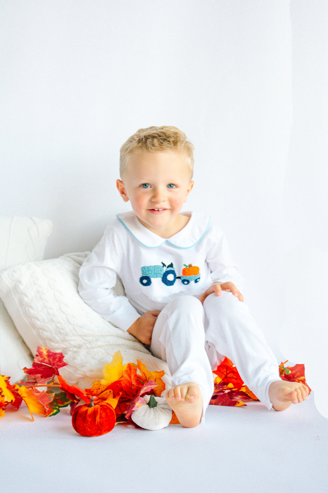 Timothy French Knot Pumpkin Tractor Boy Romper