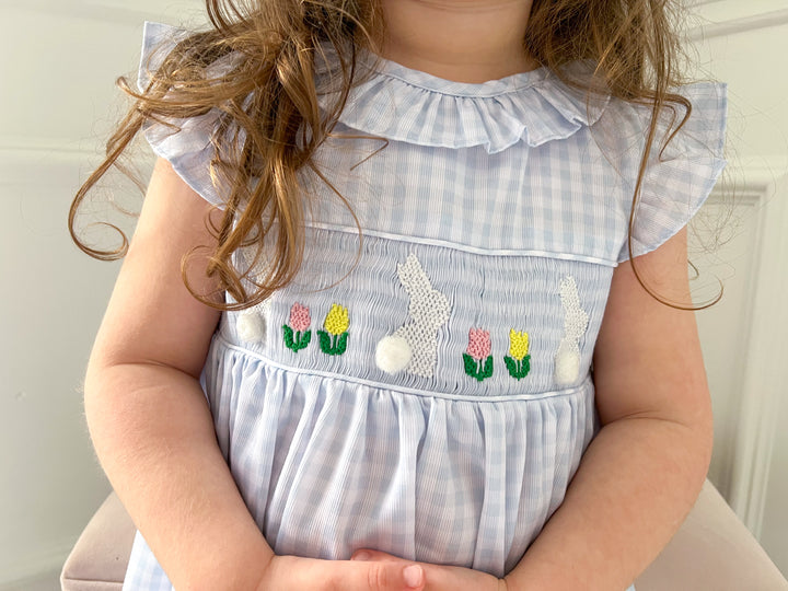 PRE-ORDER White Bunny on Blue Gingham Smocked Dress