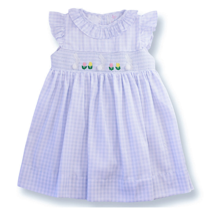 PRE-ORDER White Bunny on Blue Gingham Smocked Dress