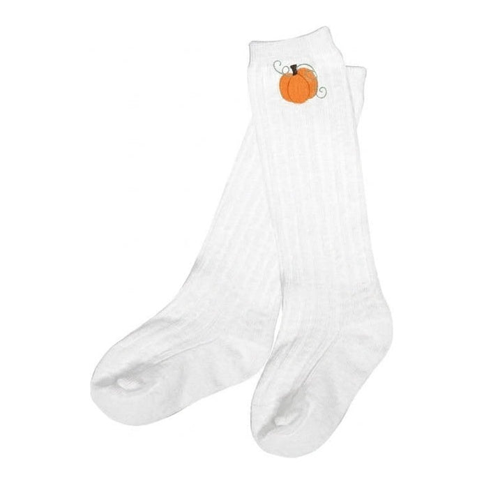 White knee socks with small embroidered orange pumpkin
