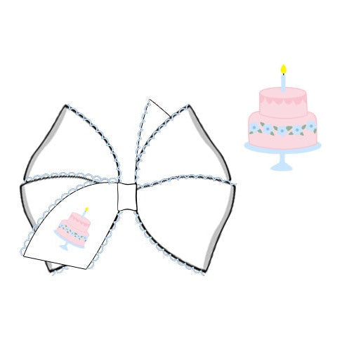 Girls white hair bow with pink birthday cake embroidery