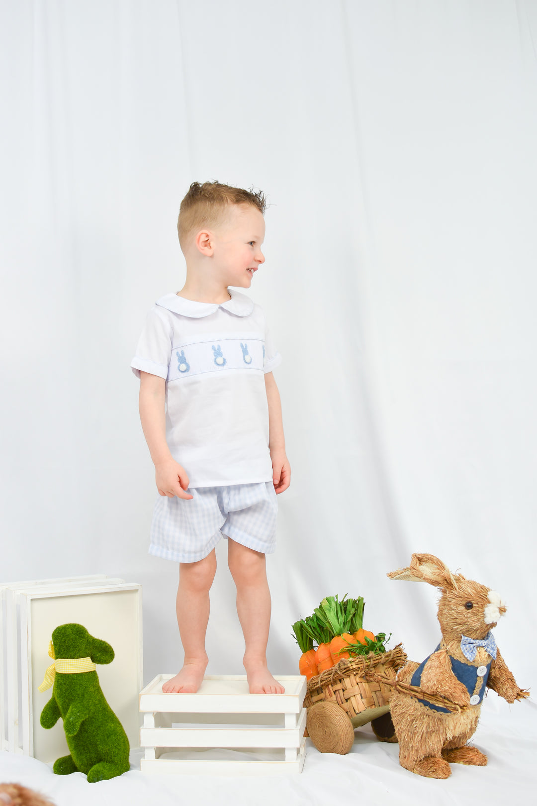 Blue Gingham Boy Bunny Smocked Short Set