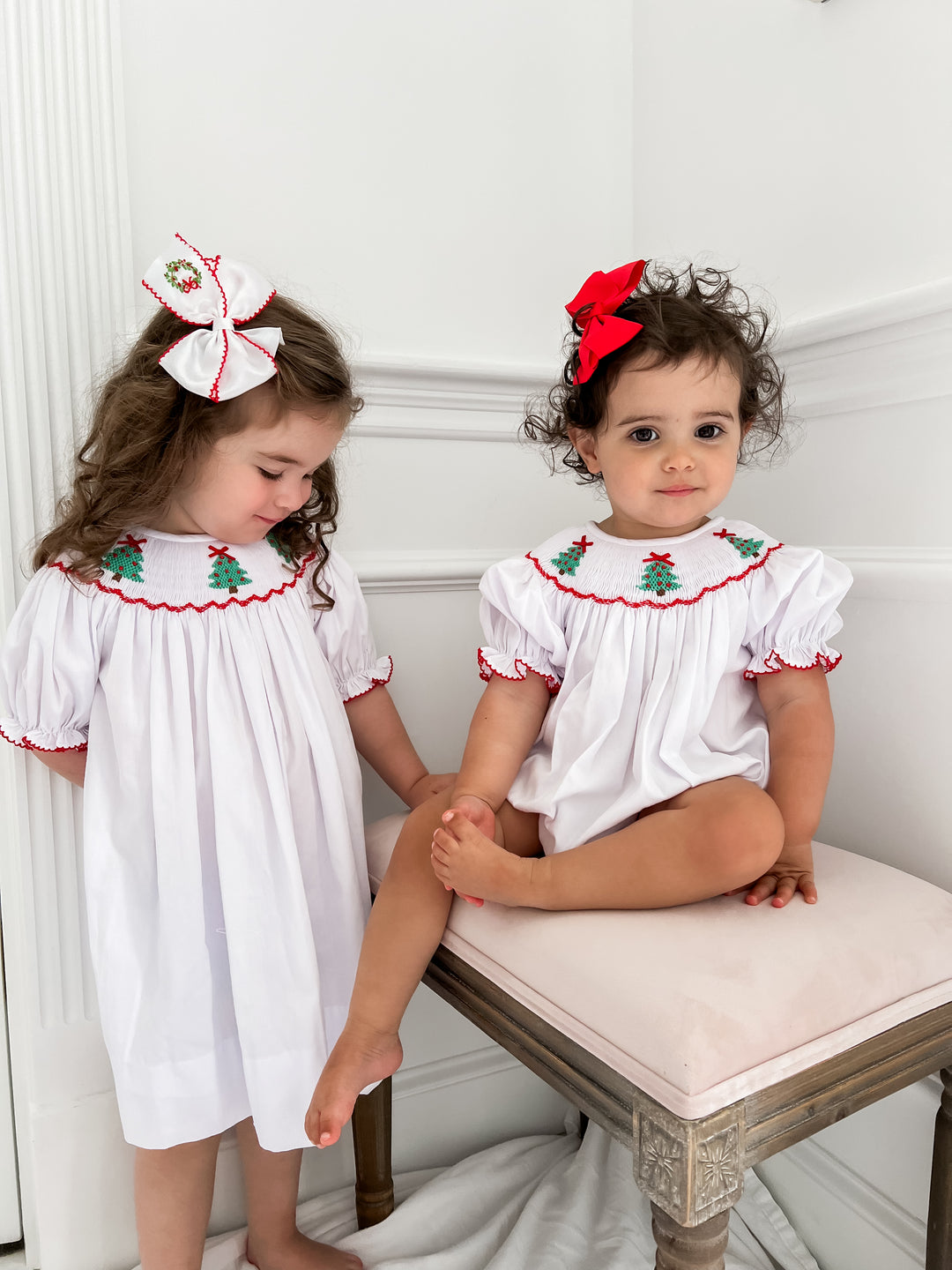 Christmas Tree White Smocked Dress Lillie & Lilah Christmas Tree White Smocked Dress Lillie & Lilah