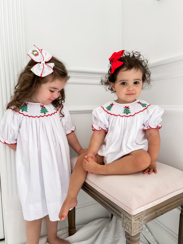 Christmas Tree White Smocked Dress