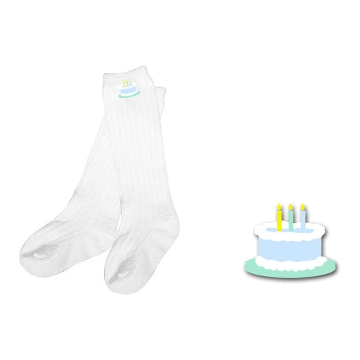 Girls white knee socks with birthday cake embroidery