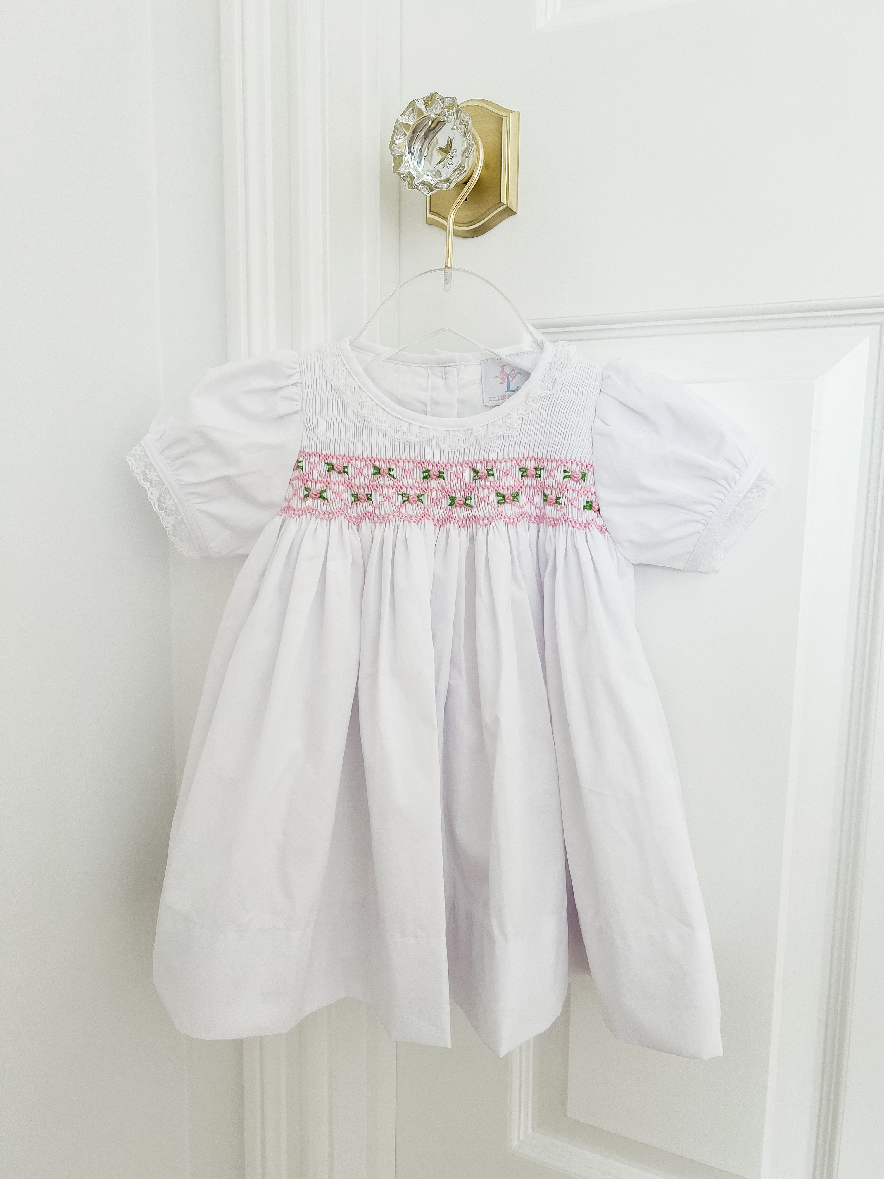 Heirloom Matching Bonnet and Dress Blue Blush White Hand Smocked Heirloom Dress and Girl Vintage Size NB store to 5