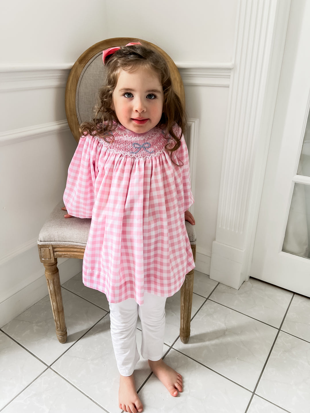 Bella Bow Pink Gingham Smocked Legging Set