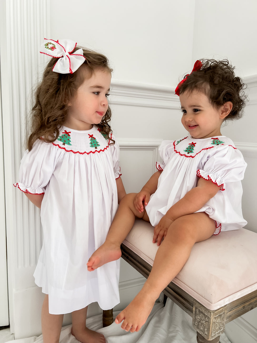 Christmas Tree White Smocked Dress