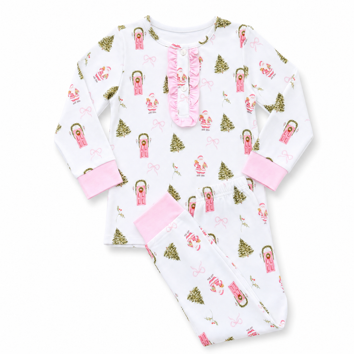 Girls Pink Christmas Door Two Piece Pajama Set