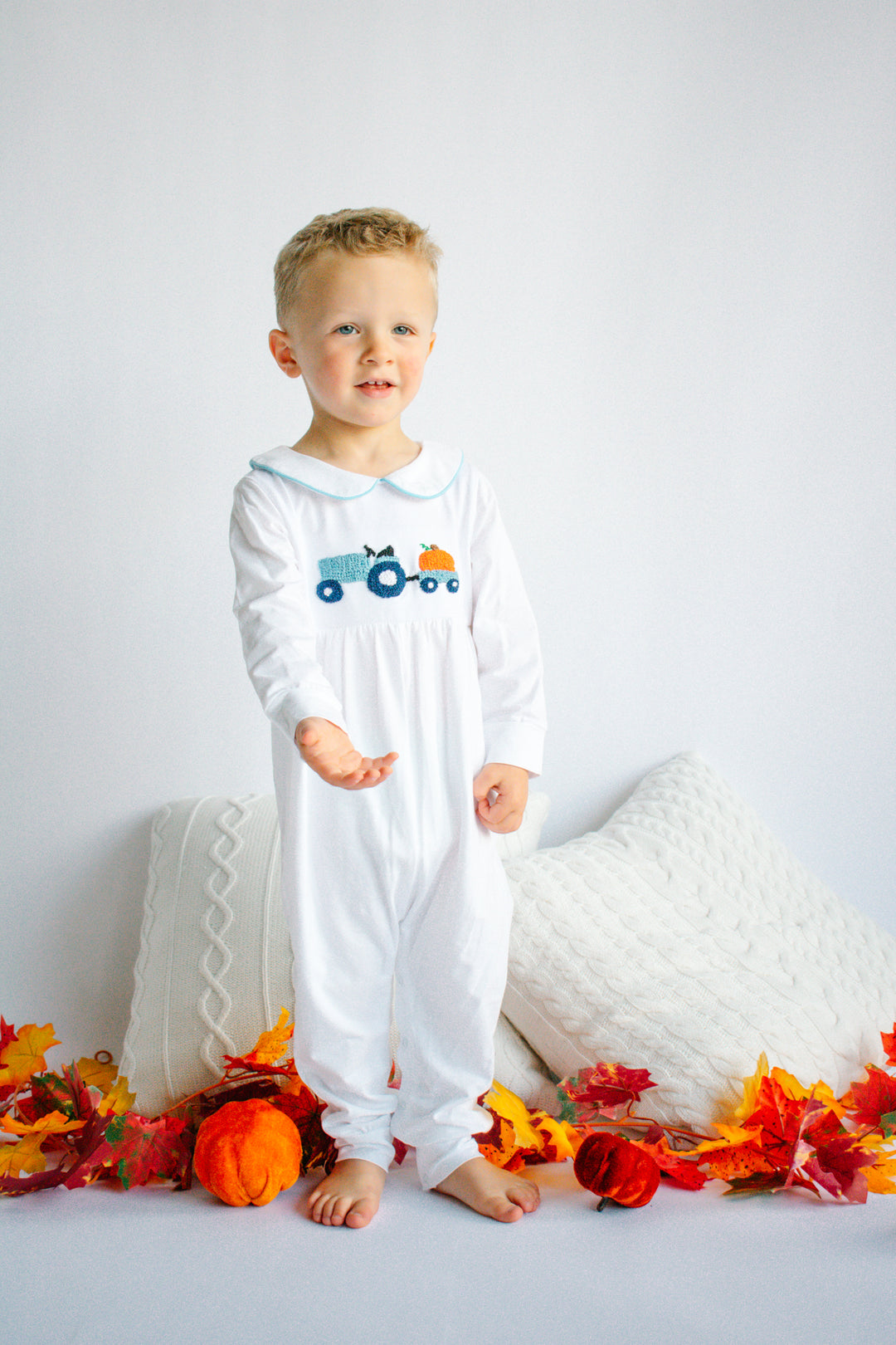 Timothy French Knot Pumpkin Tractor Boy Romper