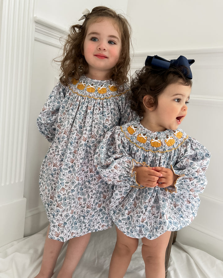 Colette Blue Floral And Pumpkin Smocked Bubble