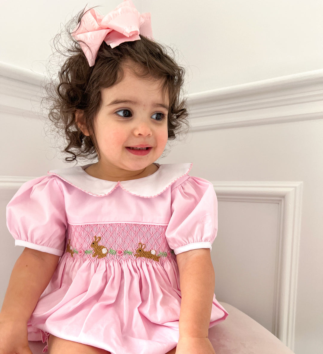 PRE-ORDER Pink Evelyn Easter Bunny Pink Smocked Bubble