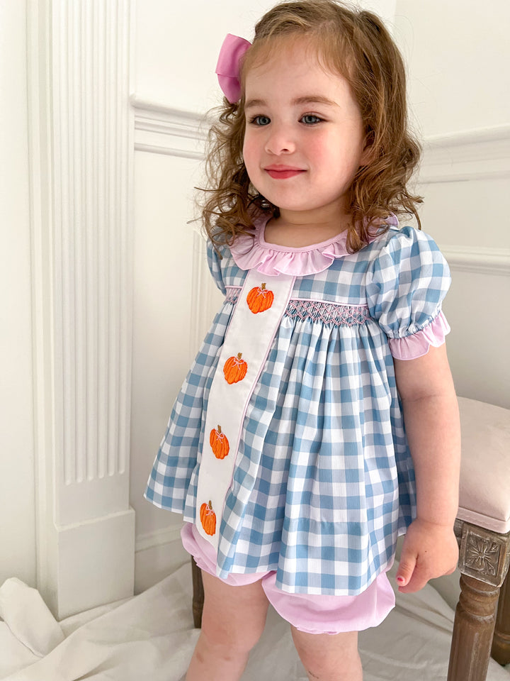 Hadley Blue Gingham Pumpkin Smocked Bloomer Set